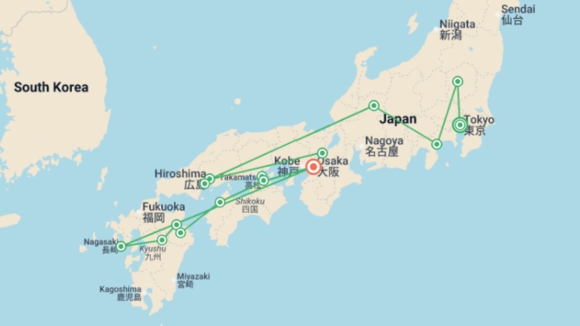 A map showing the tour itinerary for the trip: Ultimate Japan, starting in Tokyo, Japan and ending in Osaka, Japan going through 11 other destinations.