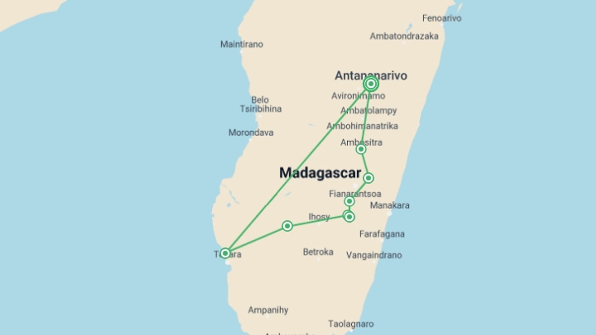 A map showing the tour itinerary for the trip: Madagascar Wilderness Trek, starting in Antananarivo, Madagascar and ending in Antananarivo, Madagascar going through 7 other destinations.