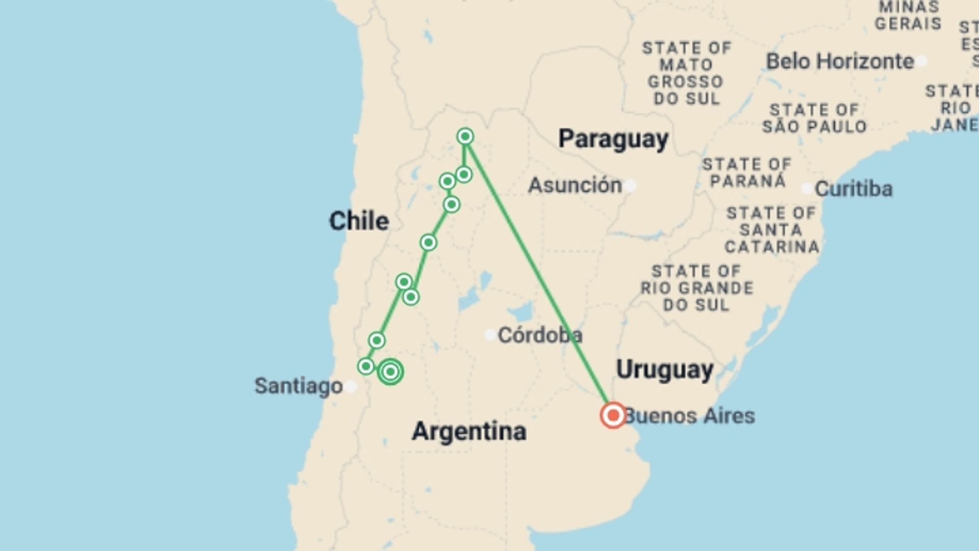 A map showing the tour itinerary for the trip: Wine and Landscapes of Argentina's Northwest, starting in Mendoza, Argentina and ending in Buenos Aires, Argentina going through 9 other destinations.