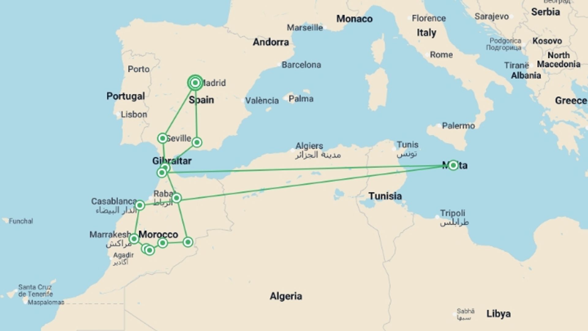 A map showing the tour itinerary for the trip: Madrid and Magical Morocco, starting in Madrid, Spain and ending in Madrid, Spain going through 8 other destinations.