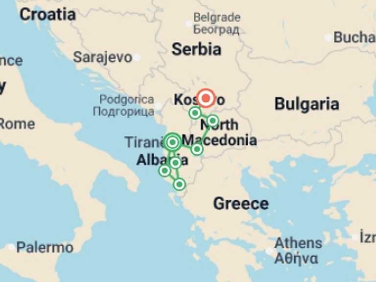 Map itinerary of Europe Tour in June 2026 with 8 destination visits for the trip: Albania, Kosovo, & Macedonia Adventure