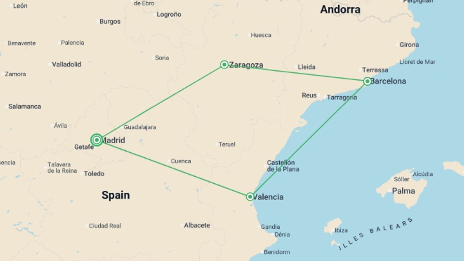 A map showing the tour itinerary for the trip: Madrid, Valencia & Barcelona - 4 days, starting in Madrid, Spain and ending in Madrid, Spain going through 2 other destinations.