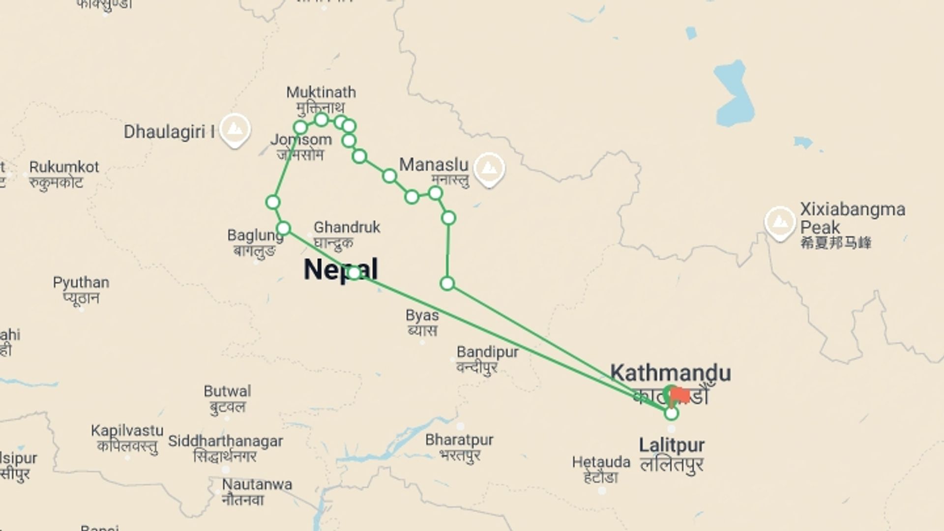 A map showing the tour itinerary for the trip: Annapurna Circuit Trek, starting in Kathmandu, Nepal and ending in Kathmandu, Nepal going through 14 other destinations.