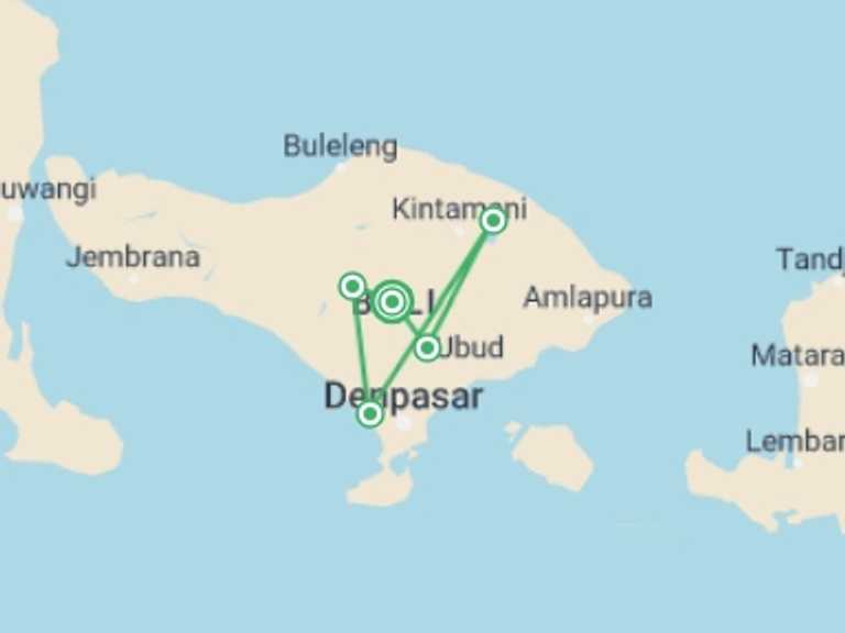 Map itinerary of Indonesia Tour in June 2027 with 4 destination visits for the trip: Four Day Getaway in Bali