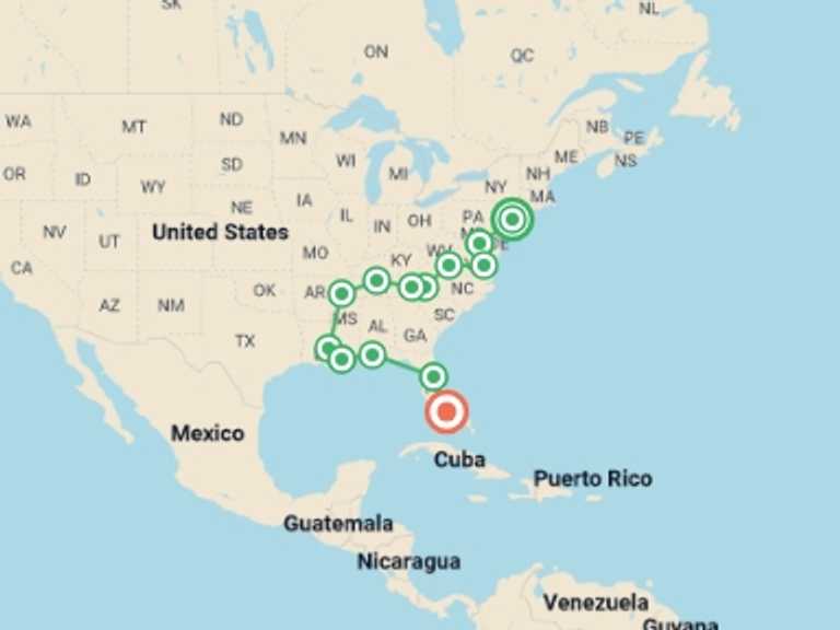 Map itinerary of Washington D.C. Tour in July 2026 with 10 destination visits for the trip: Southern Explorer