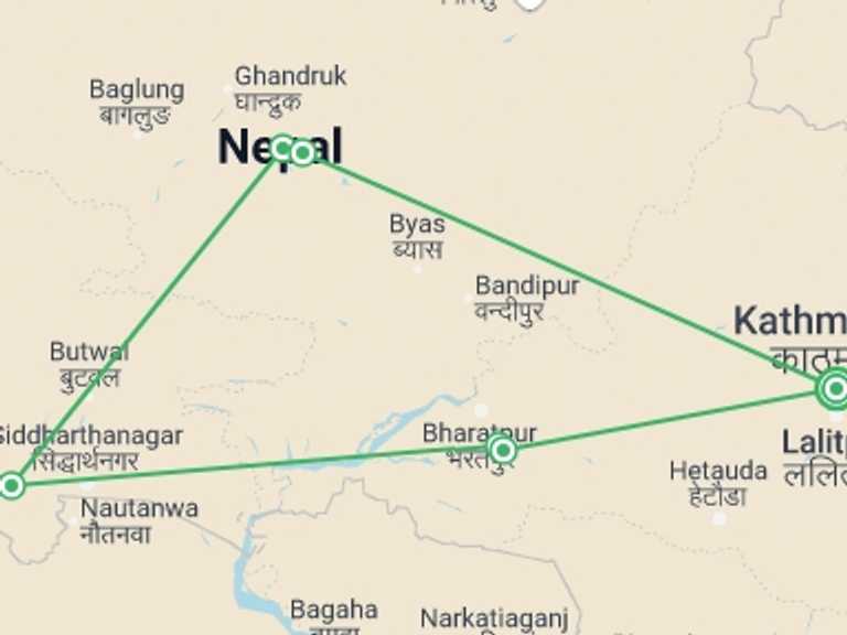 Map of Kathmandu Explorer Tour with 5 destination visits for the trip: Explore Nepal in a Week: Seven Day Tour