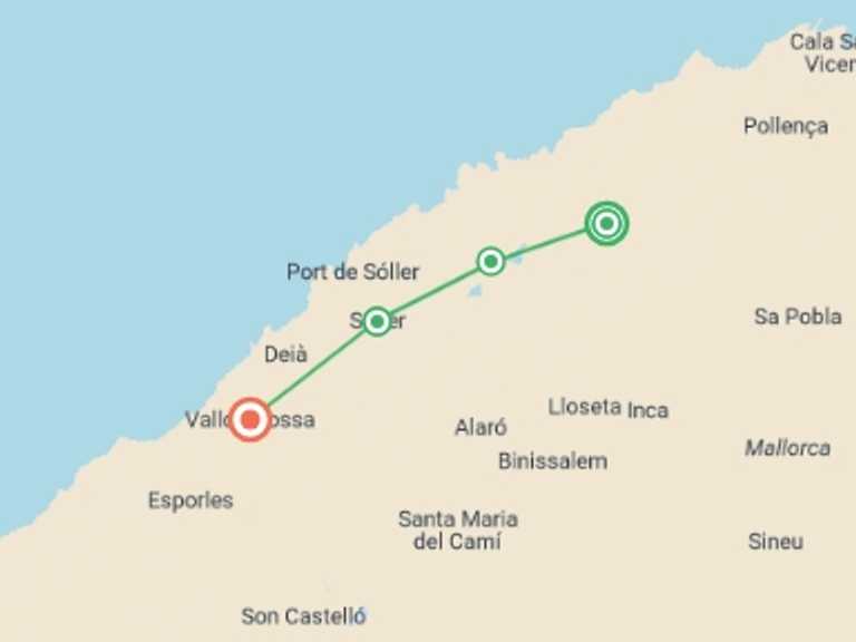 Map itinerary of Mediterranean Tour in Fall with 5 destination visits for the trip: Majorca Hike: Sierras & Monasteries