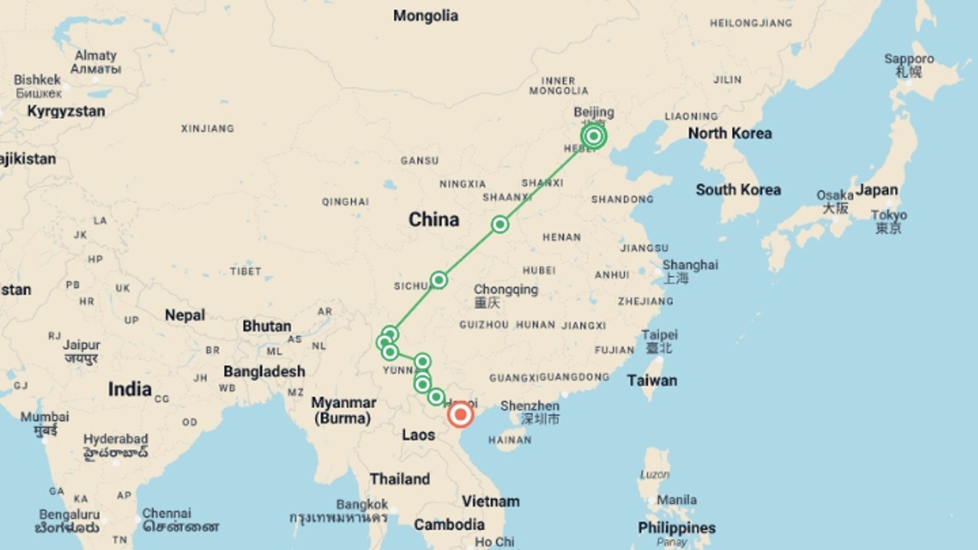 A map showing the tour itinerary for the trip: China & Vietnam: Beijing to Sapa Adventure, starting in Beijing, China and ending in Hanoi, Vietnam going through 9 other destinations.