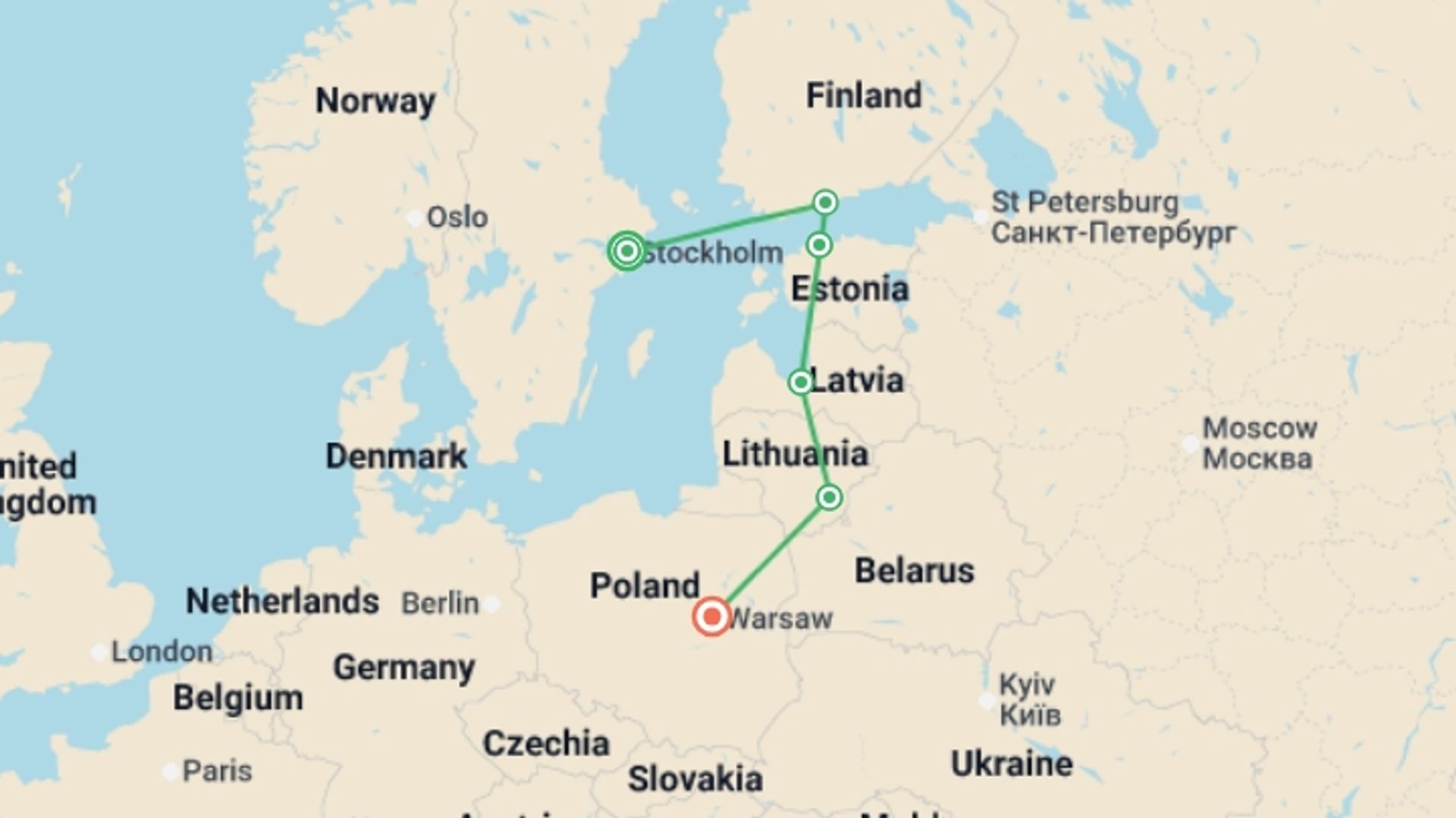 A map showing the tour itinerary for the trip: Baltic Capitals, starting in Stockholm, Sweden and ending in Warsaw, Poland going through 4 other destinations.
