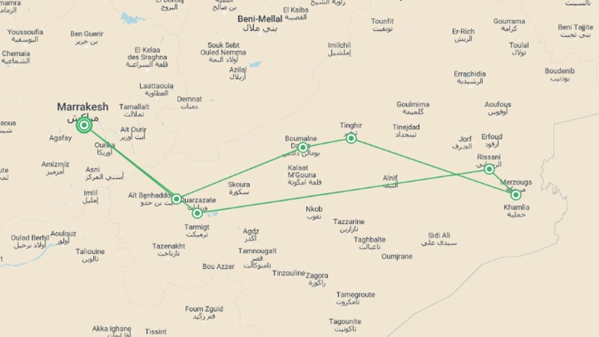 A map showing the tour itinerary for the trip: Dunes And Desert Experience, Private Tour, starting in Marrakech, Morocco and ending in Marrakech, Morocco going through 3 other destinations.