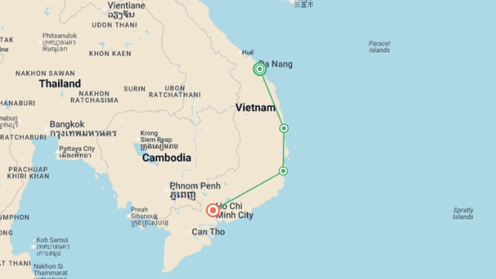 A map showing the tour itinerary for the trip: Vietnam Adventure: Hoi An, Beaches & Ho Chi Minh City, starting in Hoi An, Vietnam and ending in Ho Chi Minh City, Vietnam going through 3 other destinations.