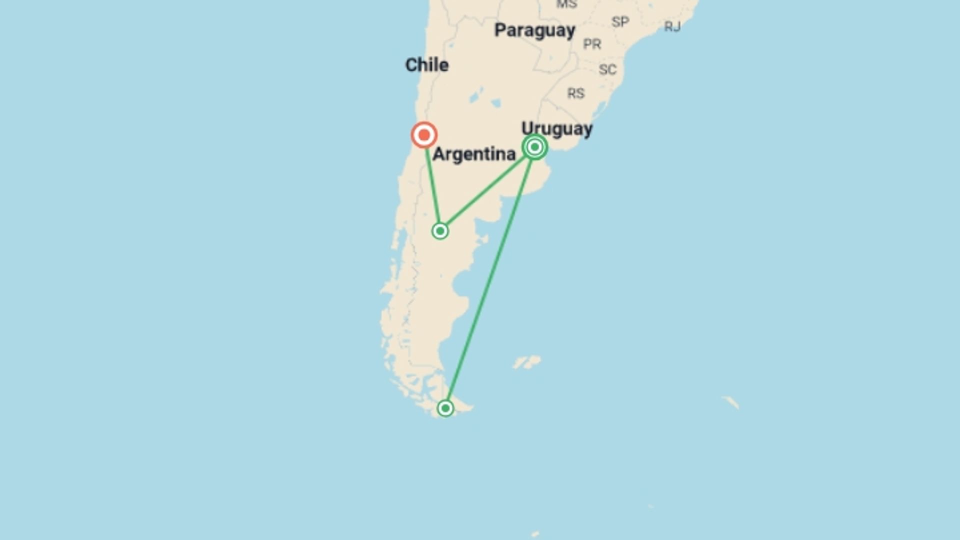 A map showing the tour itinerary for the trip: BUENOS AIRES to SANTIAGO (35 days) Patagonian Adve, starting in Buenos Aires, Argentina and ending in Santiago, Chile going through 1 other destinations.