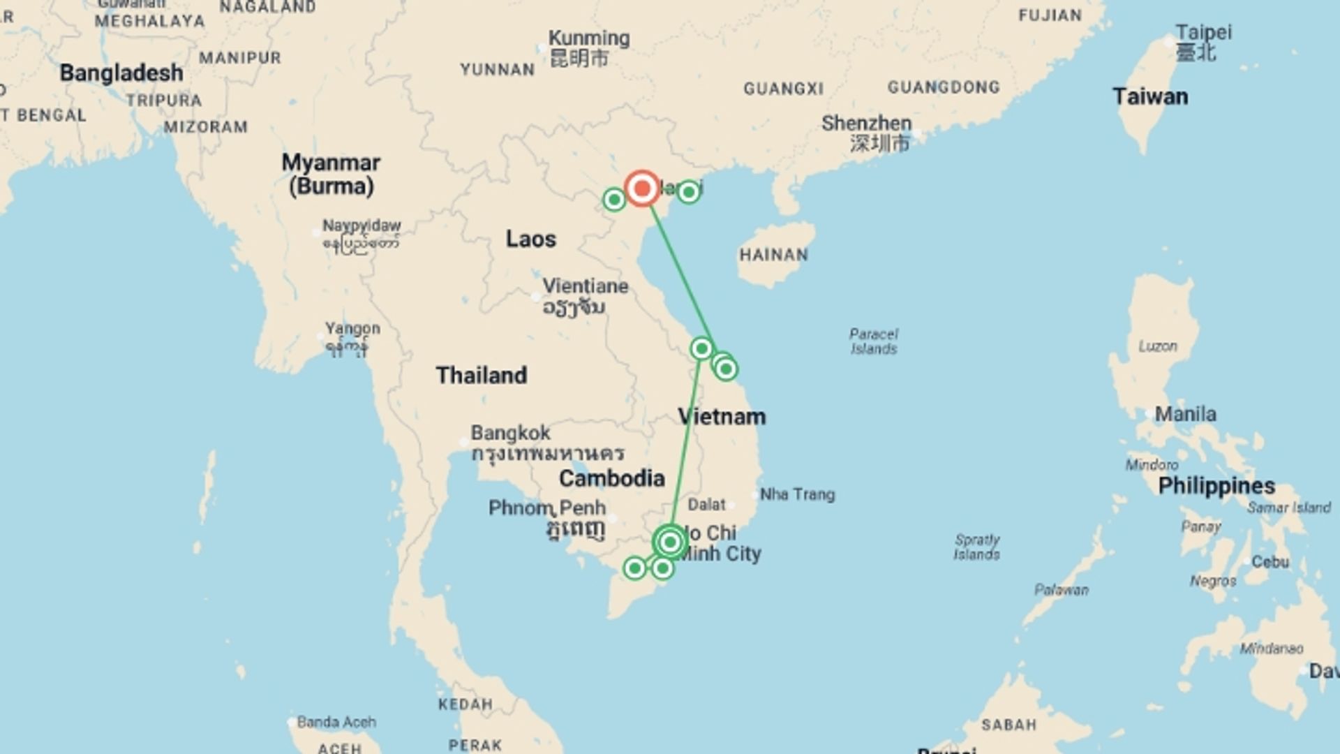 A map showing the tour itinerary for the trip: Ho Chi Minh City to Hanoi & Mai Chau - 12 days, starting in Ho Chi Minh City, Vietnam and ending in Hanoi, Vietnam going through 4 other destinations.