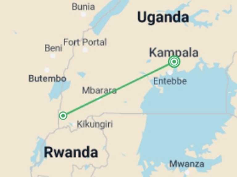 Map of a Gorilla and chimpanzee tracking Tour with 2 destination visits for the trip: Gorilla Trekking In Uganda