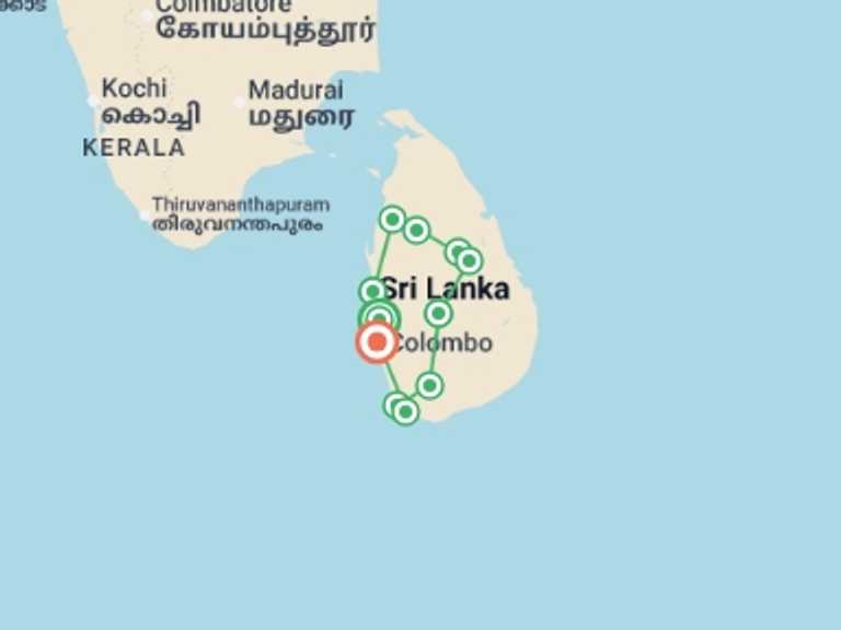 Map of Asia Bicycle Tour with 11 destination visits for the trip: Active Sri Lanka