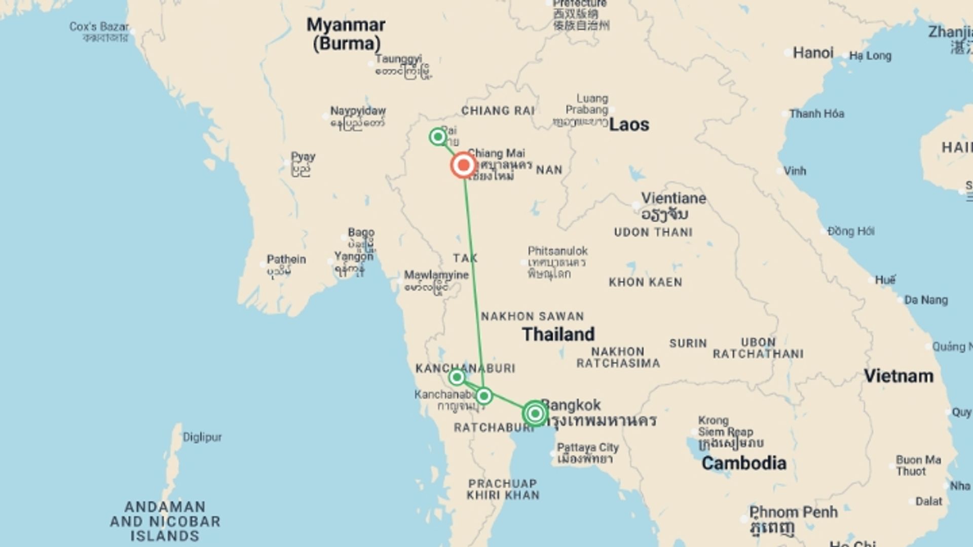 A map showing the tour itinerary for the trip: North Thailand: Rivers & Rice Fields, starting in Bangkok, Thailand and ending in Chiang Mai, Thailand going through 3 other destinations.
