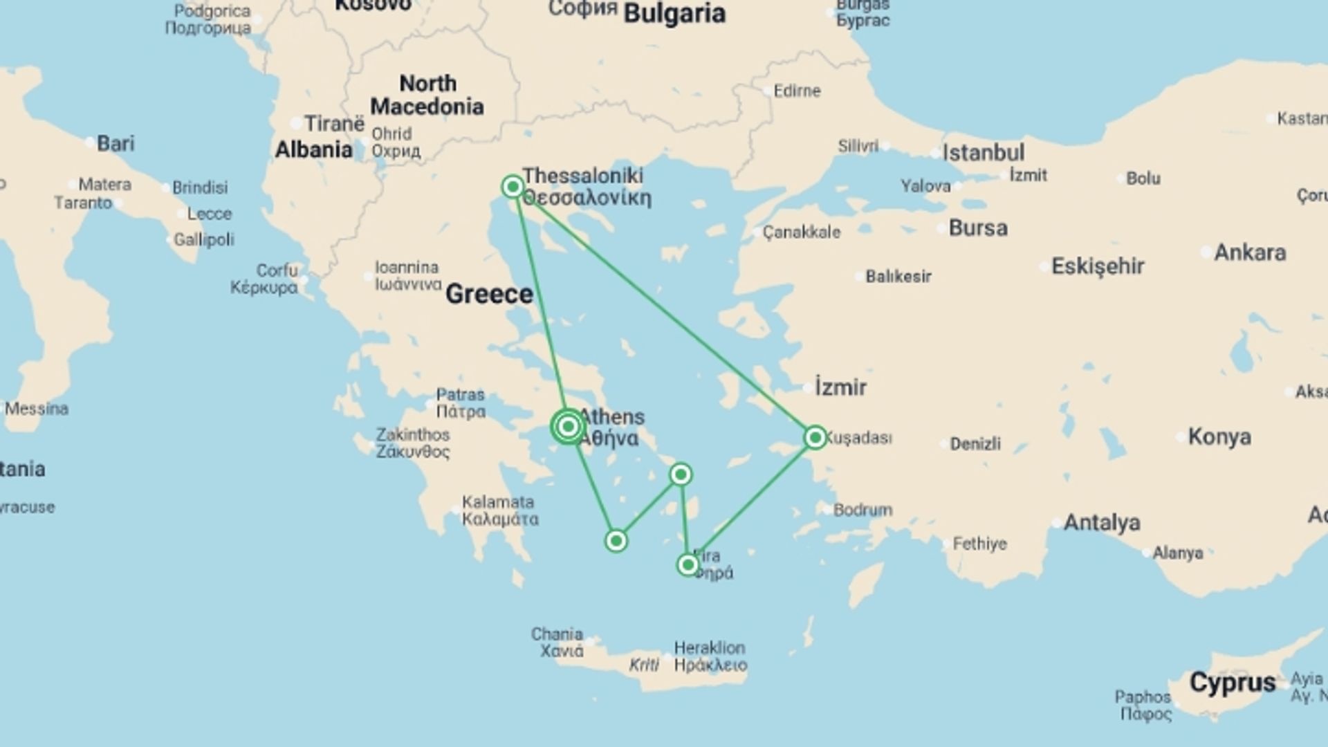 A map showing the tour itinerary for the trip: Aegean Odyssey from Athens - 9 days, starting in Athens, Greece and ending in Athens, Greece going through 5 other destinations.