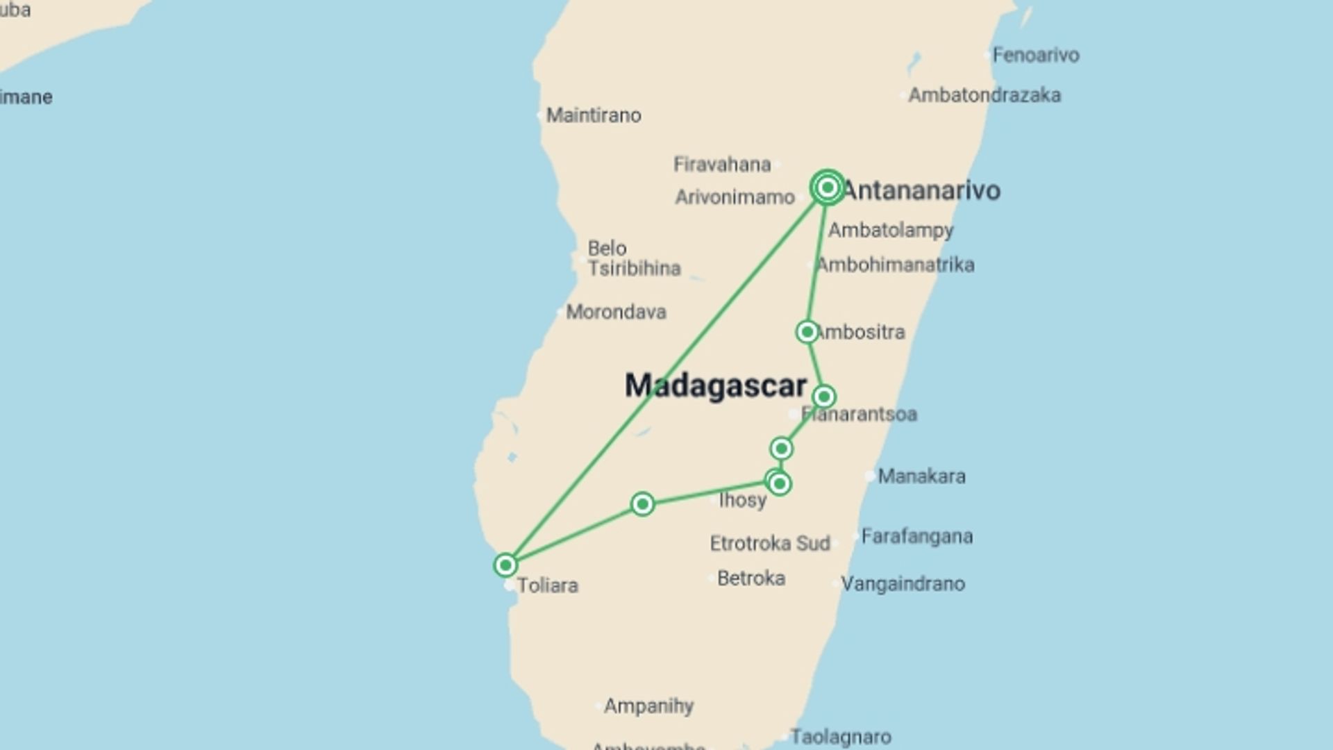 A map showing the tour itinerary for the trip: Madagascar Wilderness Trek, starting in Antananarivo, Madagascar and ending in Antananarivo, Madagascar going through 7 other destinations.