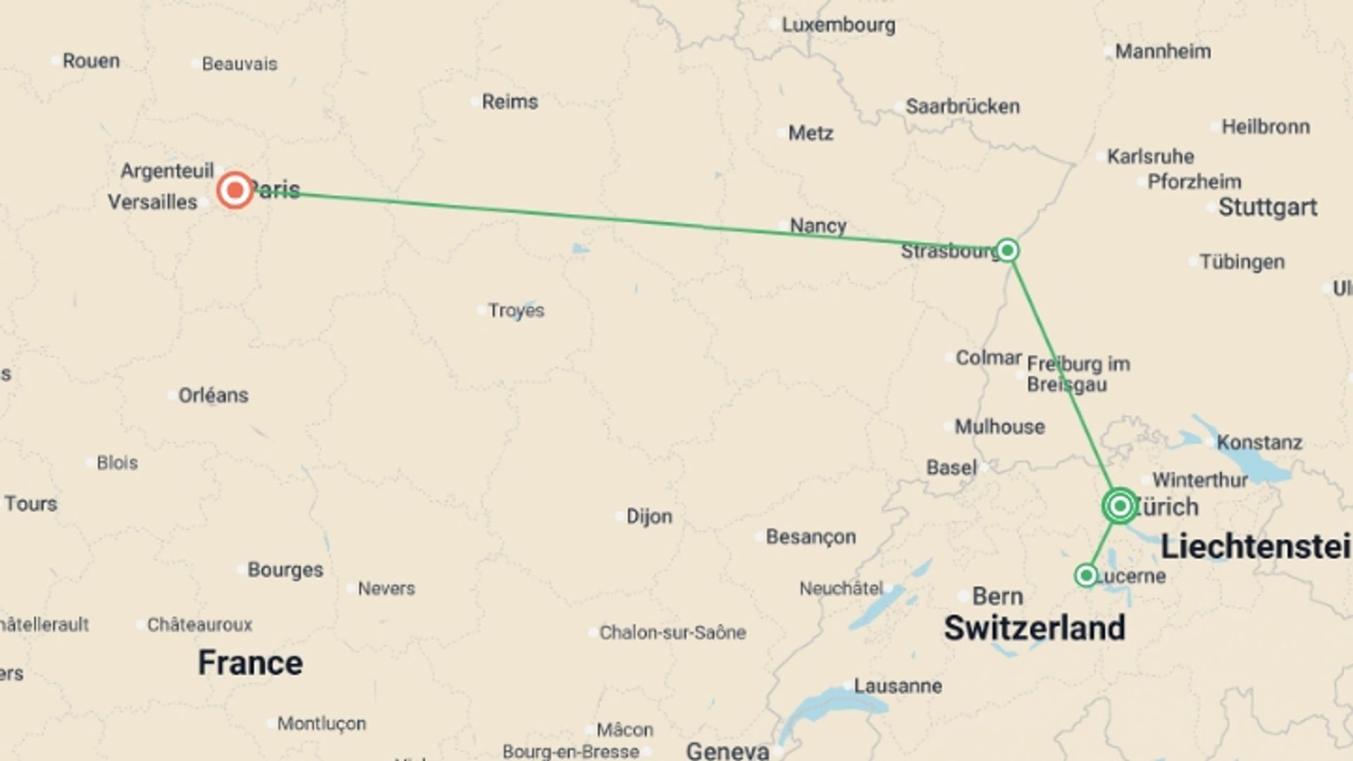 A map showing the tour itinerary for the trip: European Extravaganza, starting in Zurich, Switzerland and ending in Paris, France going through 0 other destinations.