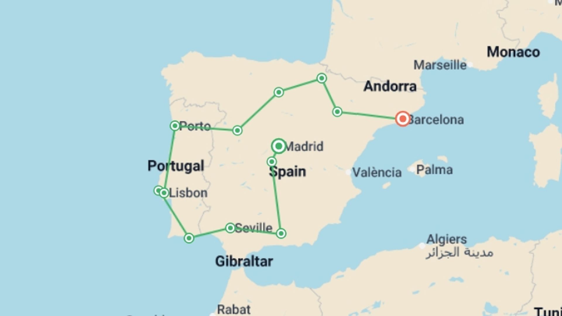 A map showing the tour itinerary for the trip: Madrid to Barcelona, starting in Madrid, Spain and ending in Barcelona, Spain going through 7 other destinations.