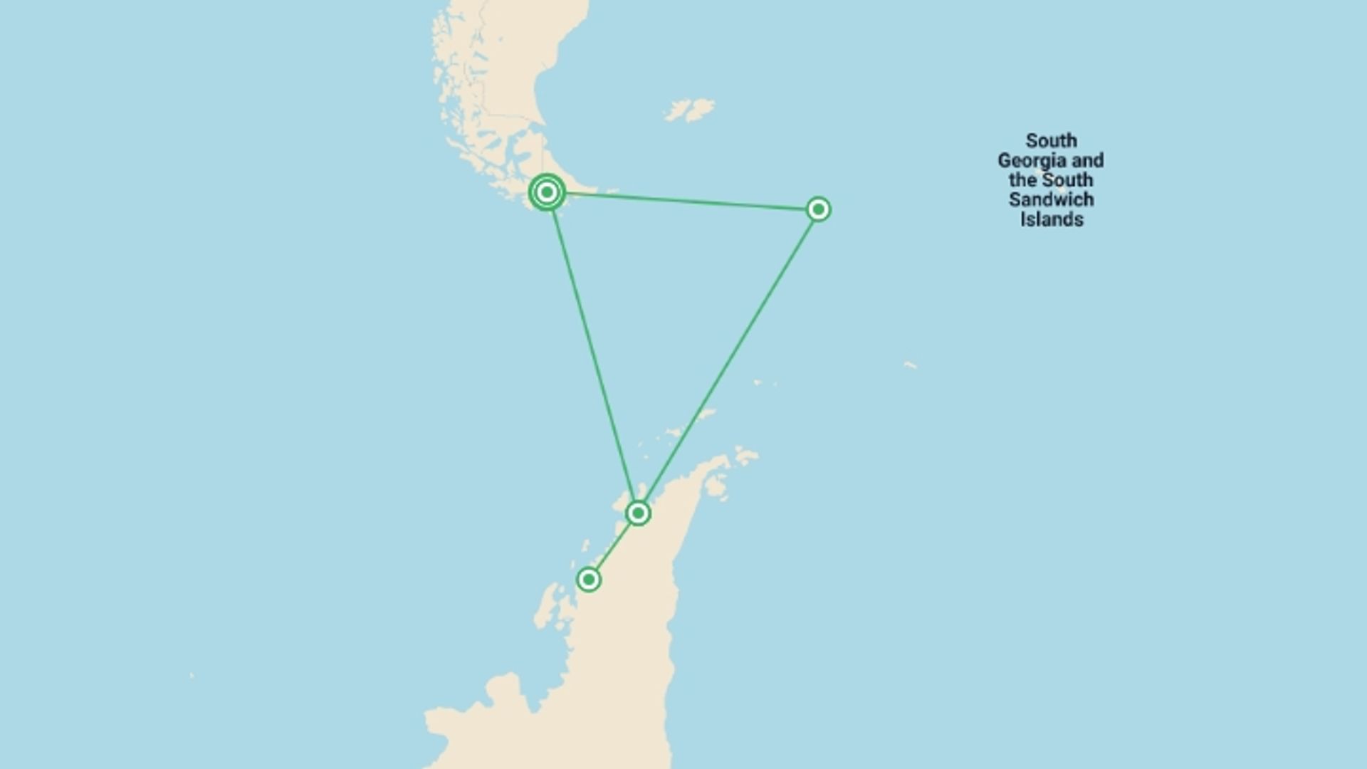 A map showing the tour itinerary for the trip: Journey to the Antarctic Circle, starting in Ushuaia, Argentina and ending in Ushuaia, Argentina going through 3 other destinations.