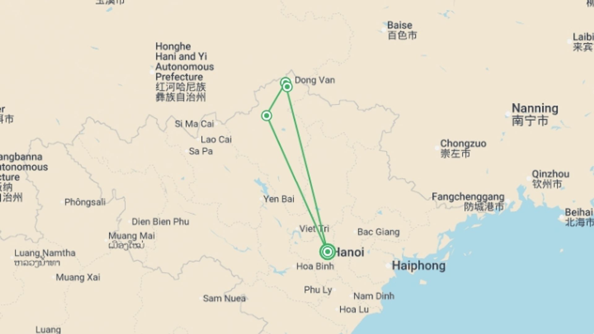 A map showing the tour itinerary for the trip: Ha Giang Loop in Northern Vietnam, starting in Hanoi, Vietnam and ending in Hanoi, Vietnam going through 1 other destinations.