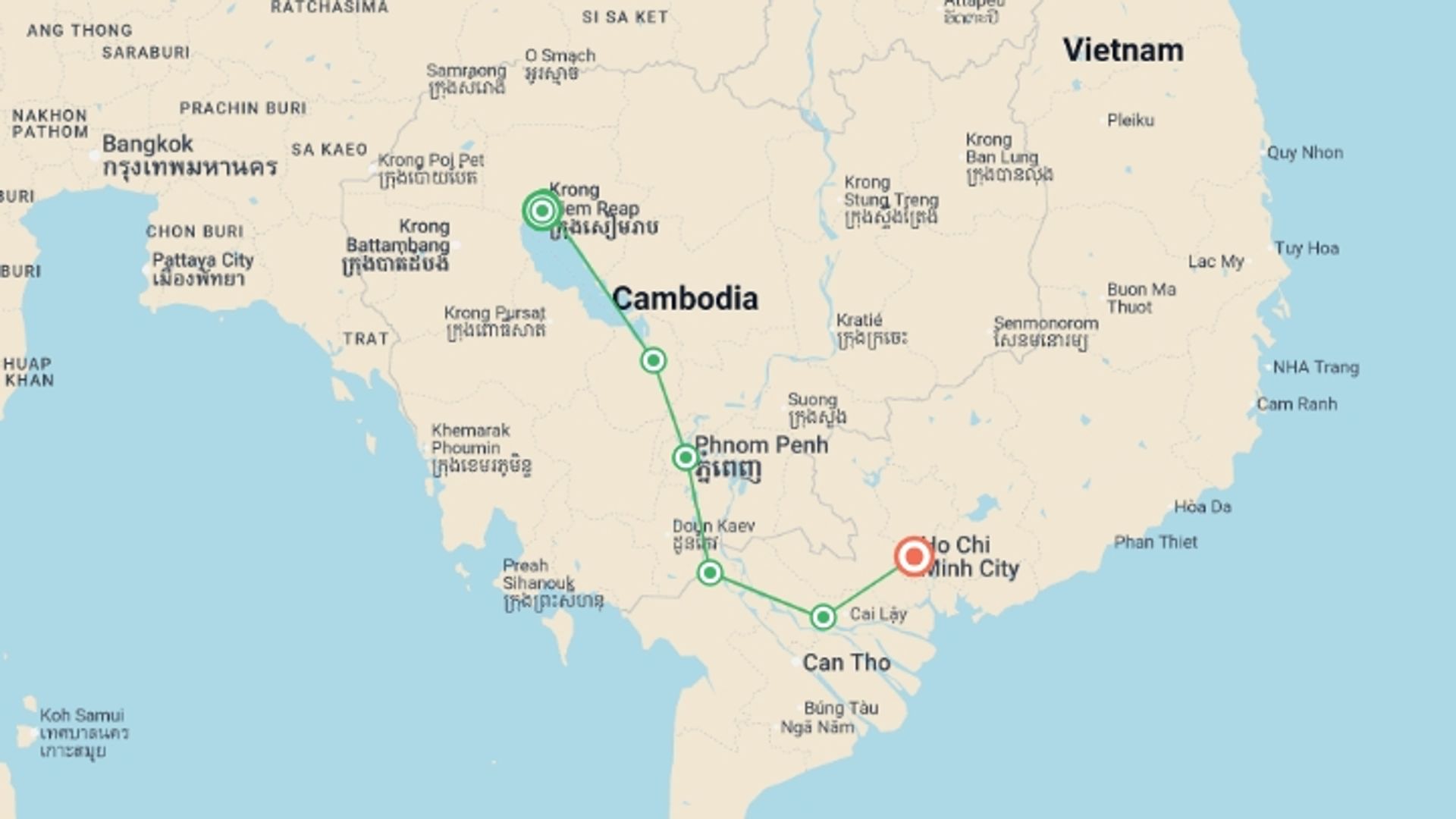 A map showing the tour itinerary for the trip: The Mekong in a different way - Between adventure and must-see sites (port-to-port cruise), starting in Siem Reap, Cambodia and ending in Ho Chi Minh City, Vietnam going through 5 other destinations.