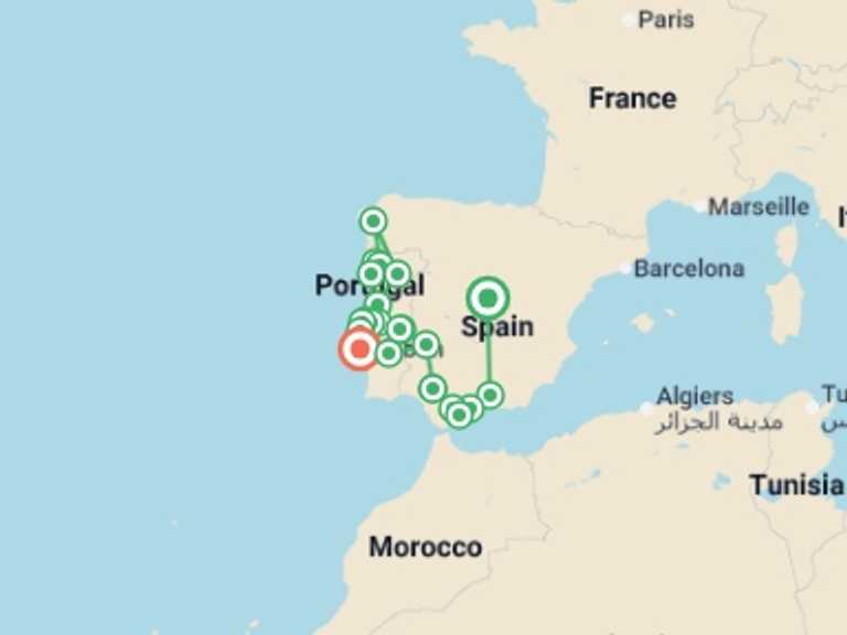 Map of Fátima City sightseeing Tour with 8 destination visits for the trip: Andalusia and Portugal completely (Without Alhambra)