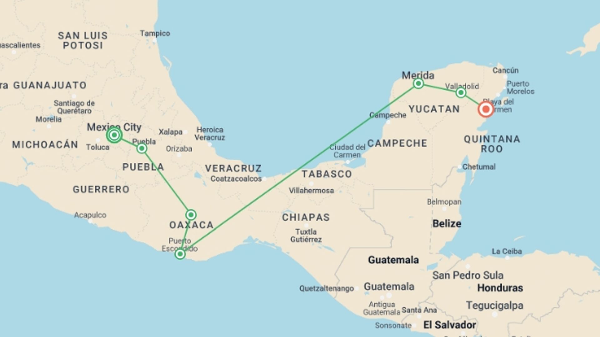 A map showing the tour itinerary for the trip: Central Mexico & Yucatan: Mexico City, Oaxaca, Oh Yeah, starting in Mexico City, Mexico and ending in Tulum, Mexico going through 5 other destinations.
