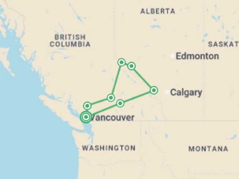 Map itinerary of North America Tour in July 2027 with 6 destination visits for the trip: Canada and the Rockies