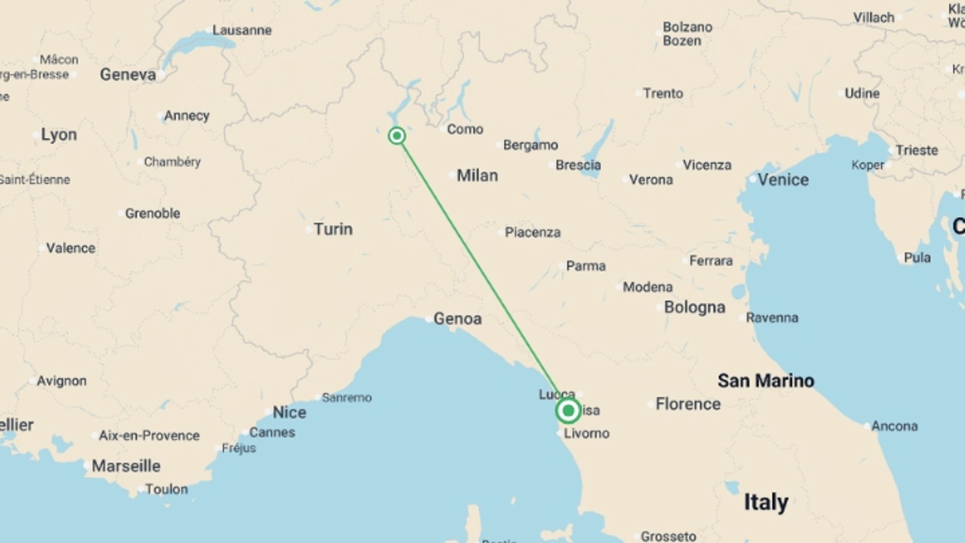 A map showing the tour itinerary for the trip: Tuscany Spa Break - 8 days, starting in Pisa, Italy and ending in Pisa, Italy going through 1 other destinations.