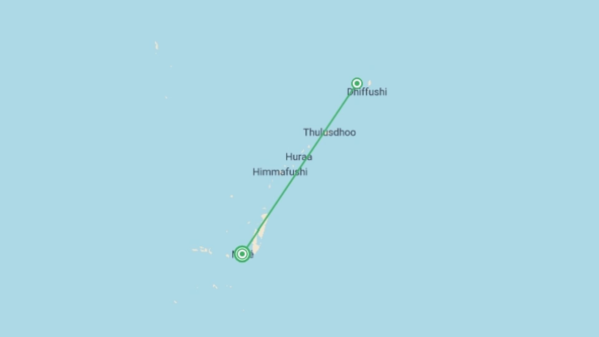 A map showing the tour itinerary for the trip: Getaway To Maldives, Private Tour, starting in Male, Maldives and ending in Male, Maldives going through 1 other destinations.