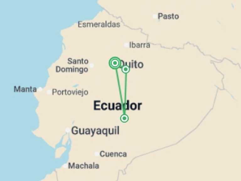 Map of 9-Day Quito Tour with 3 destination visits for the trip: Ecuador Family Journey: Volcanoes and the Amazon