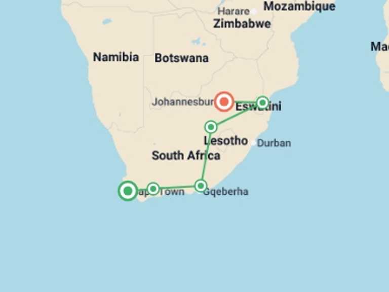 Map itinerary of Africa Tour in January 2027 with 7 destination visits for the trip: Cape Town To Johannesburg (17 Days)