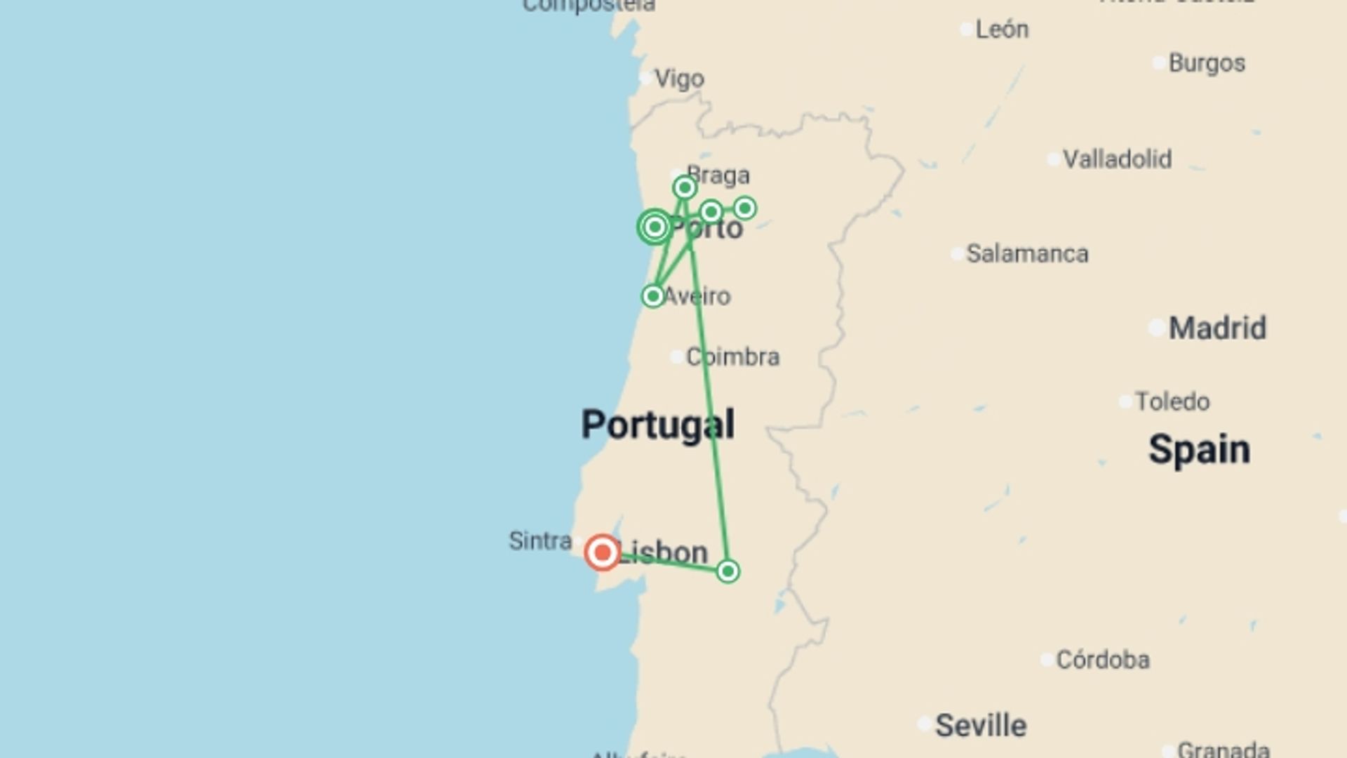 A map showing the tour itinerary for the trip: Portugal's Old-World Charms featuring Douro Valley, Alentejo & Lisbon, starting in Porto, Portugal and ending in Lisbon, Portugal going through 2 other destinations.