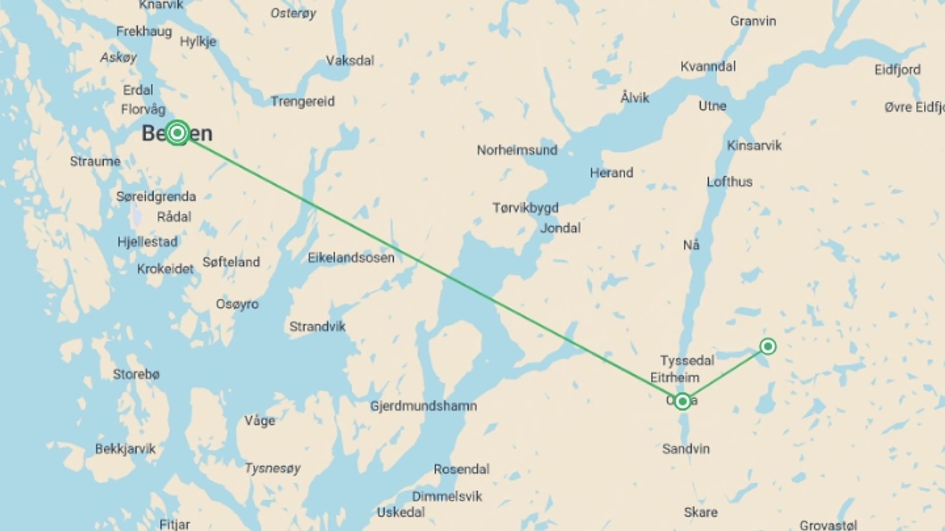 A map showing the tour itinerary for the trip: Norway Fjord Trekking, starting in Bergen, Norway and ending in Bergen, Norway going through 1 other destinations.