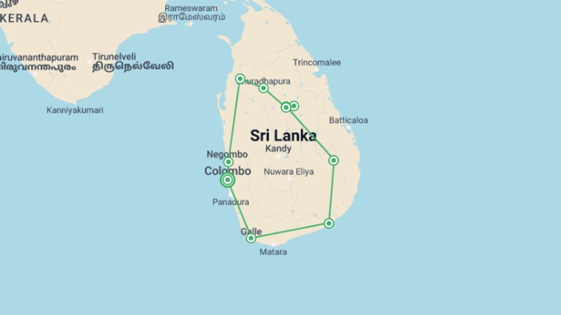 A map showing the tour itinerary for the trip: Connected To The Wild, Private Tour, starting in Colombo, Sri Lanka and ending in Colombo, Sri Lanka going through 6 other destinations.