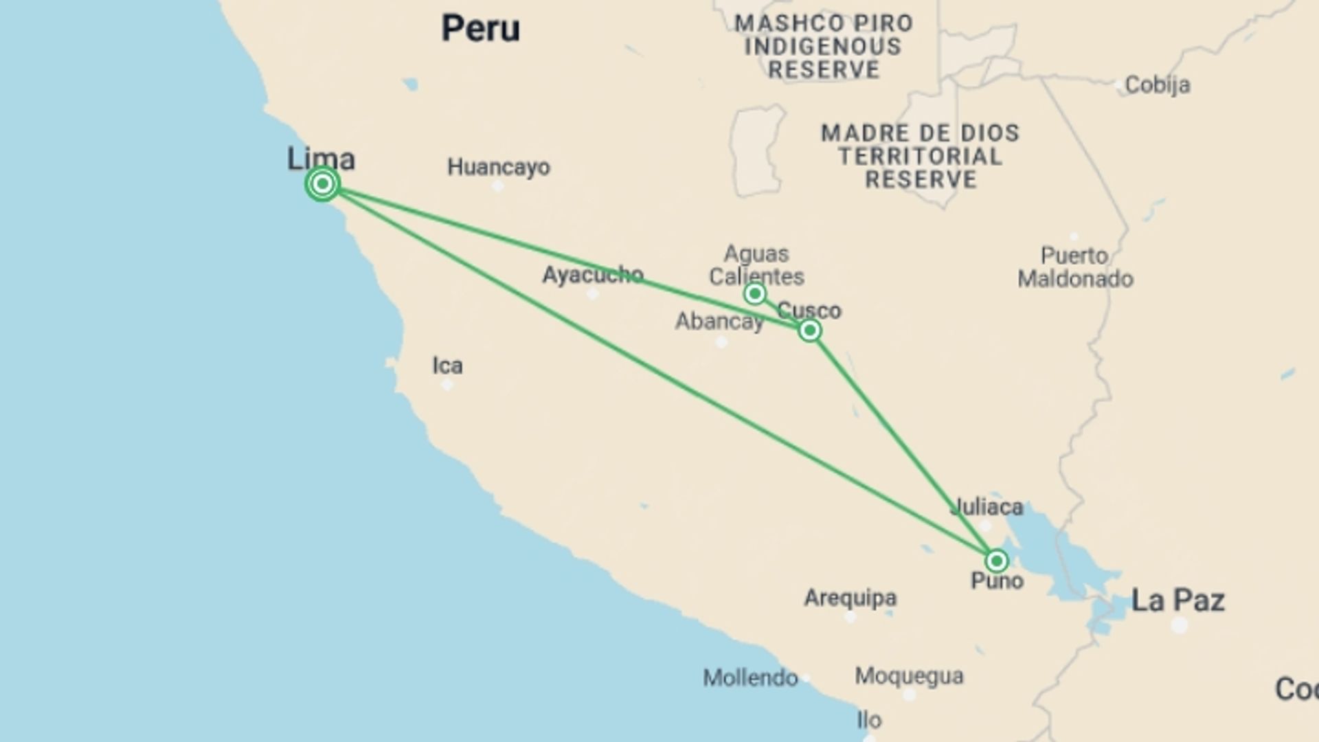 A map showing the tour itinerary for the trip: Adventure in the Andes, starting in Lima, Peru and ending in Lima, Peru going through 3 other destinations.