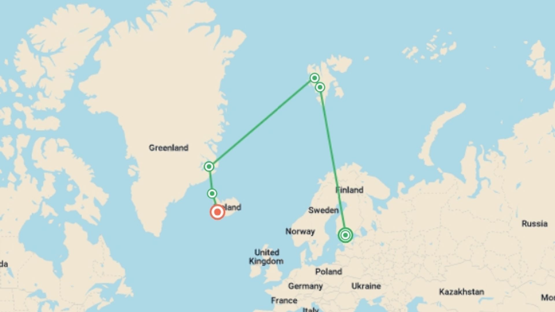 A map showing the tour itinerary for the trip: Three Arctic Islands: Spitsbergen, Greenland and Iceland (Southbound), starting in Helsinki, Finland and ending in Reykjavik, Iceland going through 6 other destinations.