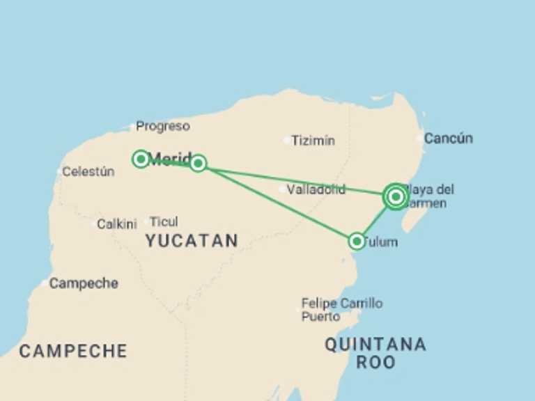 Map of 7-Day North America Tour with 4 destination visits for the trip: Mexico Family Holiday