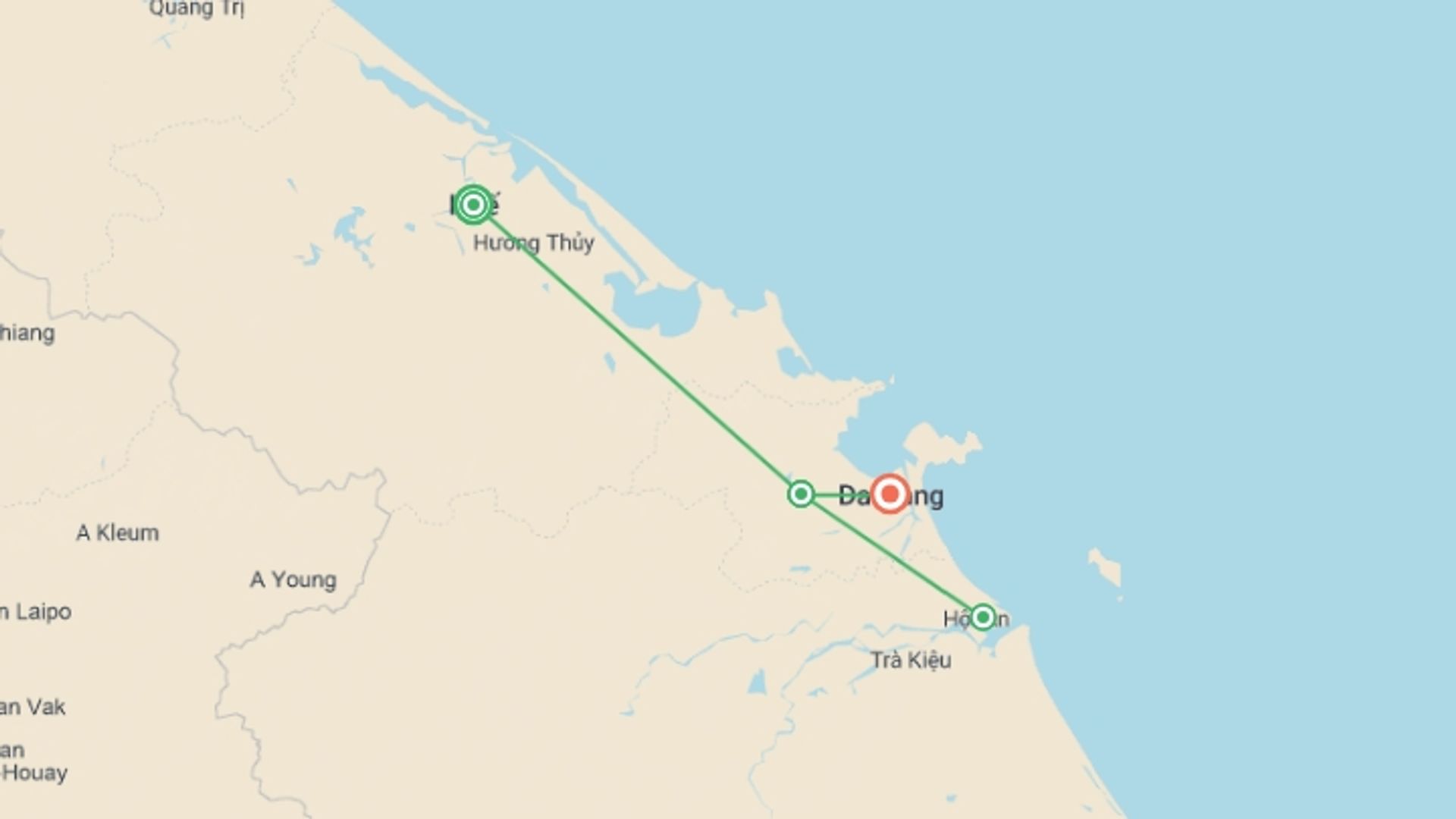 A map showing the tour itinerary for the trip: Luxury Vietnam Wellness & Yoga Retreat, starting in Hue, Vietnam and ending in Hoi An, Vietnam going through 2 other destinations.