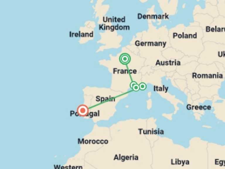 Map of Europe Tour with 5 destination visits for the trip: Scenic French Getaway and Lisbon