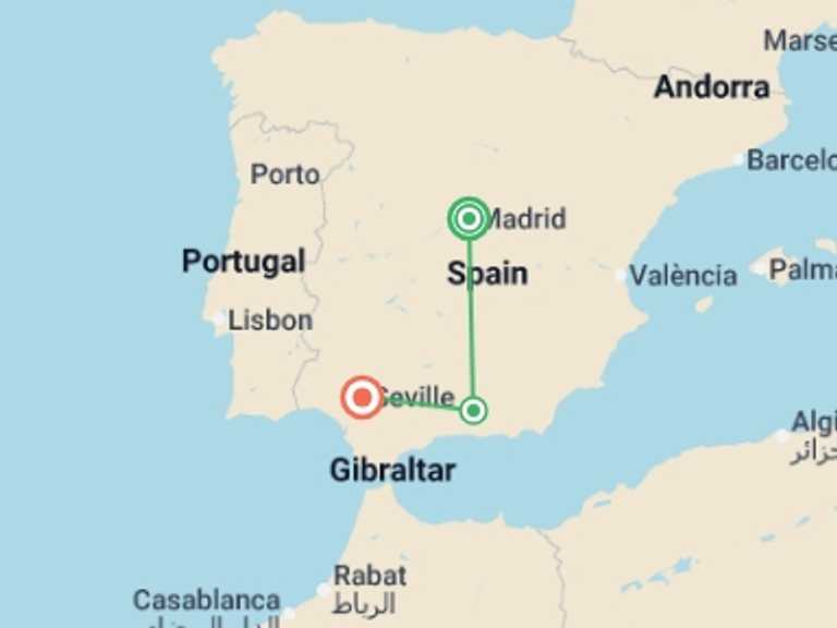 Map itinerary of Mediterranean Tour in October 2026 with 3 destination visits for the trip: Madrid and Andalusia