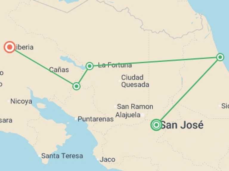 Map itinerary of Costa Rica Tour in December 2026 with 7 destination visits for the trip: Costa Rica Nature Adventure