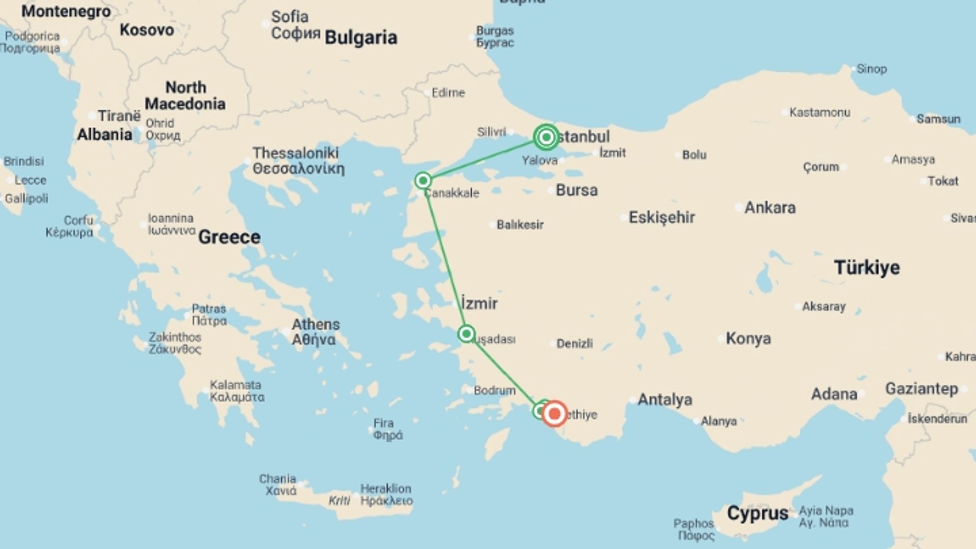 A map showing the tour itinerary for the trip: Aegean Express & Gulet Cruise - 9 days, starting in Istanbul, Turkey and ending in Fethiye, Turkey going through 5 other destinations.