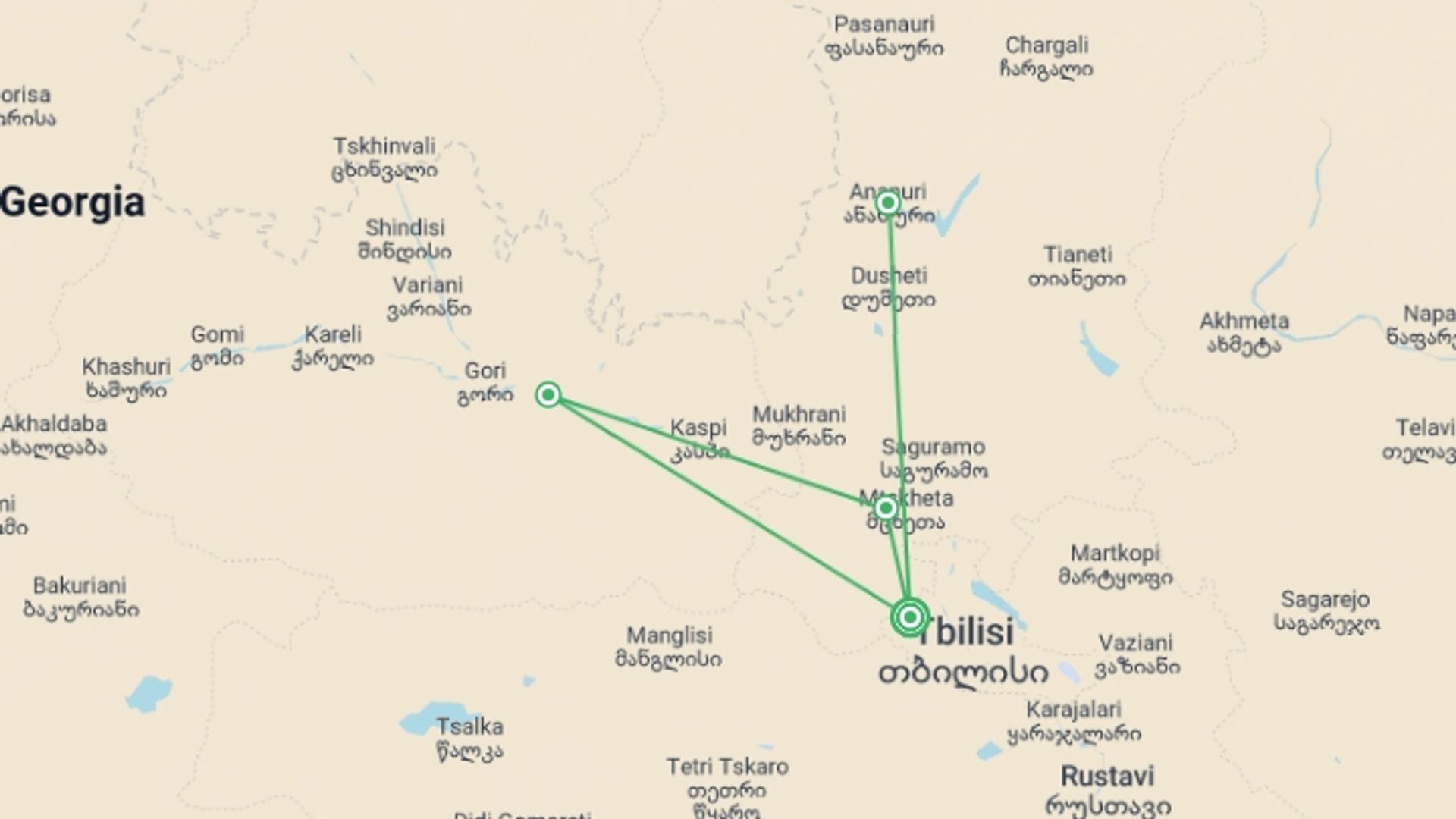 A map showing the tour itinerary for the trip: Highlights of Georgia - 6 days, starting in Tbilisi, Georgia and ending in Tbilisi, Georgia going through 0 other destinations.