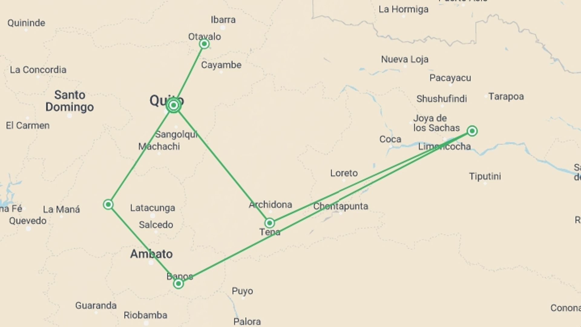 A map showing the tour itinerary for the trip: 13 Days Andes and Amazon Journey, starting in Quito, Ecuador and ending in Quito, Ecuador going through 5 other destinations.