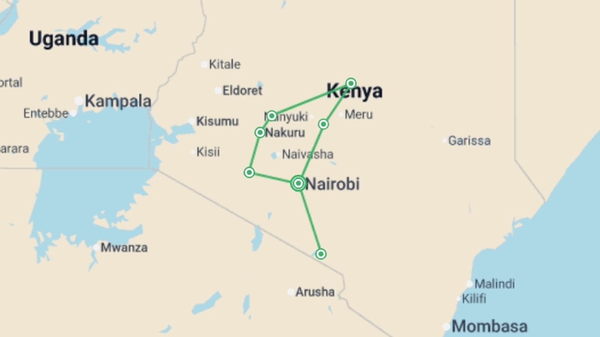 A map showing the tour itinerary for the trip: The Plains of Africa Kenya Wildlife Safari, starting in Nairobi, Kenya and ending in Nairobi, Kenya going through 7 other destinations.