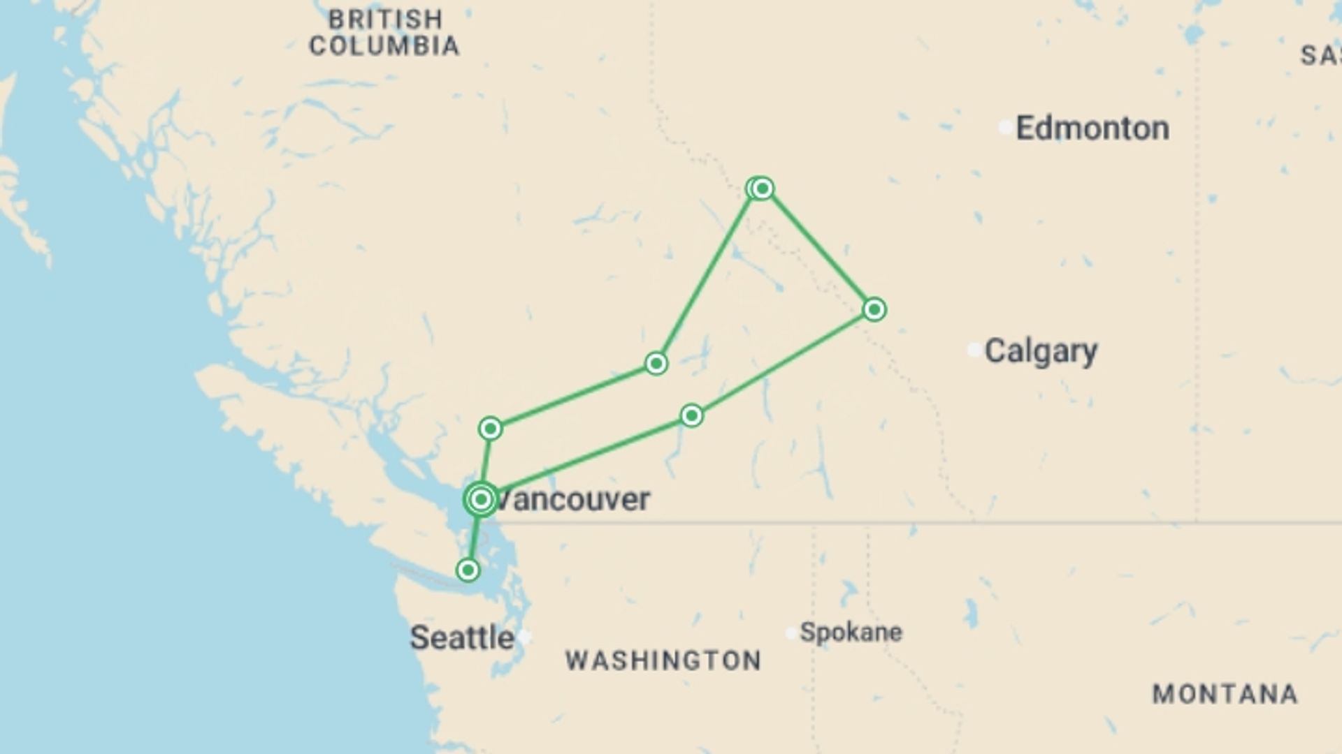 A map showing the tour itinerary for the trip: Panoramic Canadian Rockies, starting in Vancouver, Canada and ending in Vancouver, Canada going through 7 other destinations.