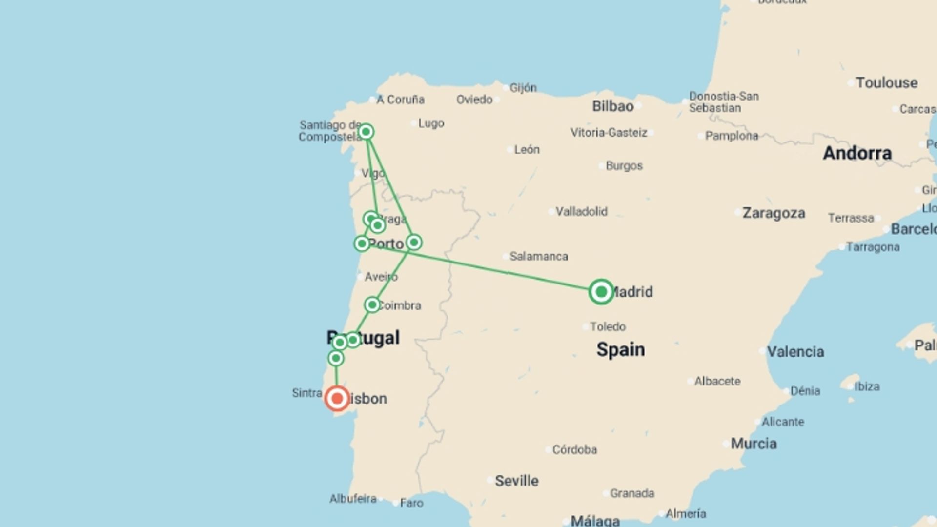 A map showing the tour itinerary for the trip: Portuguese Fado end Lisbon, starting in Madrid, Spain and ending in Lisbon, Portugal going through 2 other destinations.